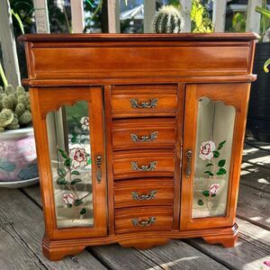 Vintage Mele Wood Jewelry Box Cabinet 5 Drawers Stained Glass Beige Velvet